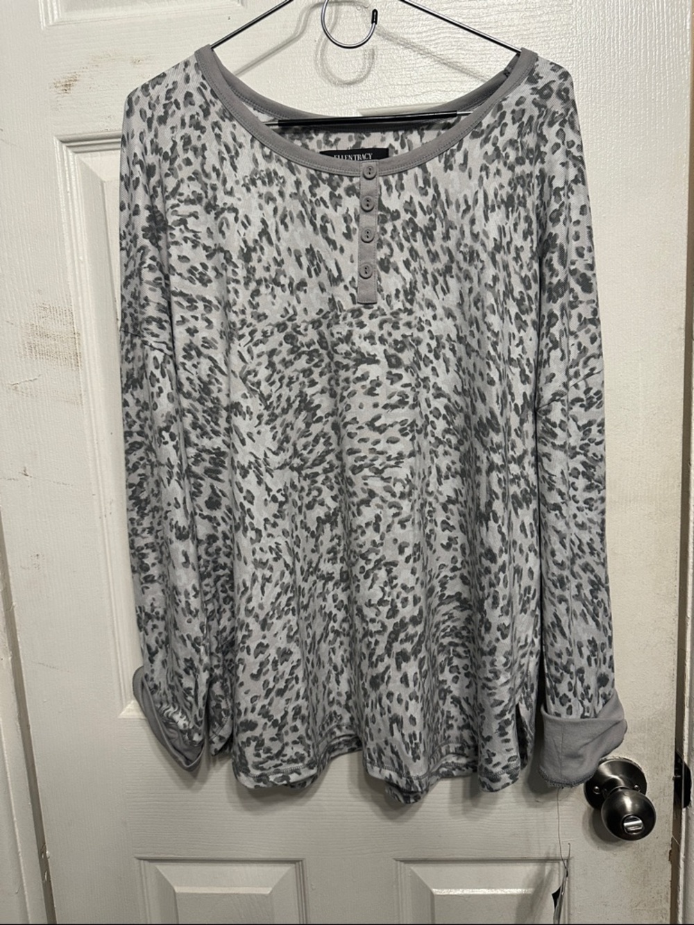 Ellen Tracy Gray Leopard Print Henley Top